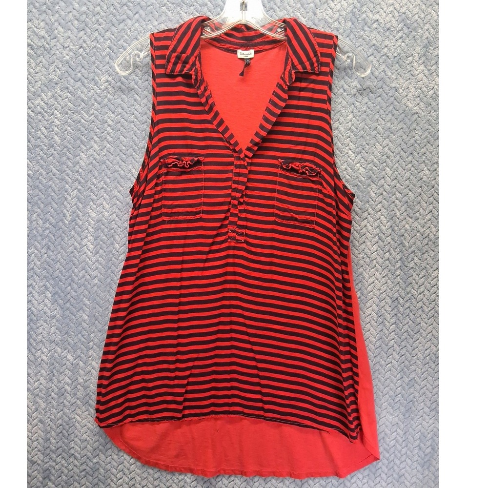 Splendid Sleeveless Striped Tunic Top Red Navy Ruffle Pocket Large- Hole in Back